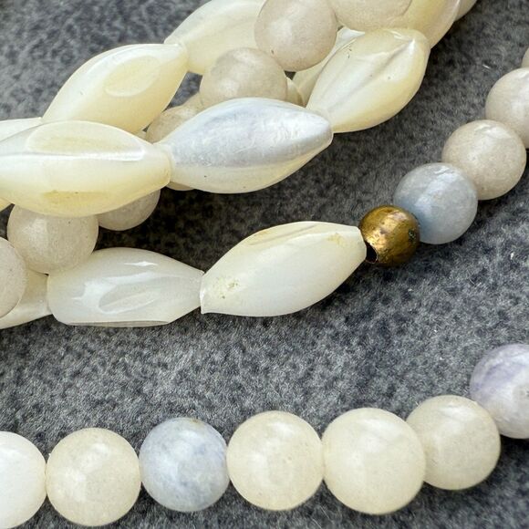 Vintage Natural Gemstone & Mother Of Pearl Rice Beads Necklace Double Strand 15" - Picture 9 of 13